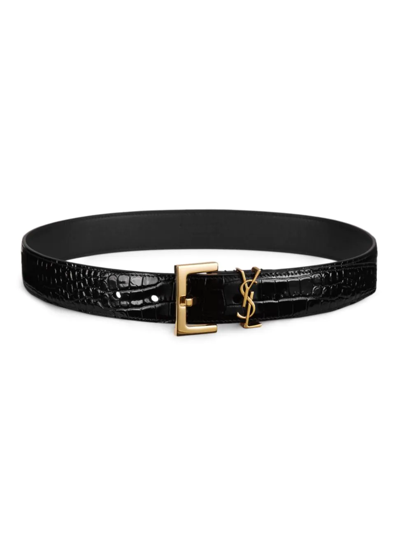 Saint Laurent Ysl Croc-embossed Skinny Belt In Black/bronze