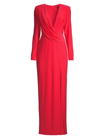 Aidan Mattox Draped Deep V-neck Gown In Flame Red