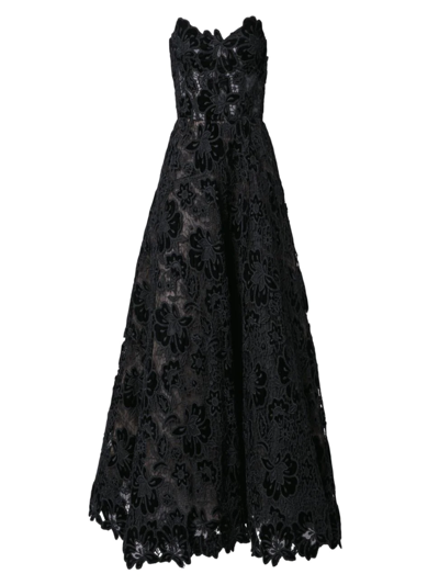 Carolina Herrera Floral Lace Strapless Midi Gown In Black