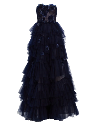 Jason Wu Collection Women's Floral Appliqué Tiered Tulle Gown In Navy