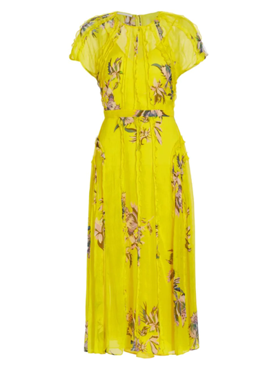 Jason Wu Collection Floral-print Ruffle Lattice Crinkle Chiffon Midi Dress In Dark Sunflower Mu