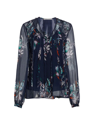 Jason Wu Collection Floral Ruffle Chiffon Blouse In Navy Lilac Multi