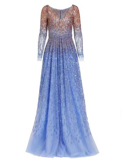 Pamella Roland Ombre Embroidered Evening Gown In Copper Periwinkle