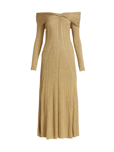 Jason Wu Collection Twisted Off-the-shoulder Metallic Rib Midi Sweater Dress In Gold
