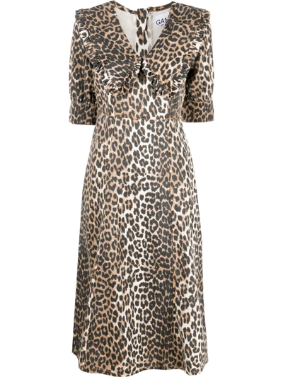 Ganni Print Denim Frill Collar Midi Dress Leopard In Brown