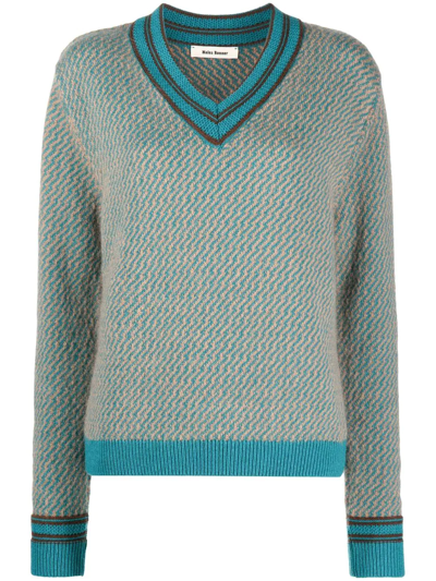 Wales Bonner Blue Chorus V-neck Knitted Sweater | ModeSens