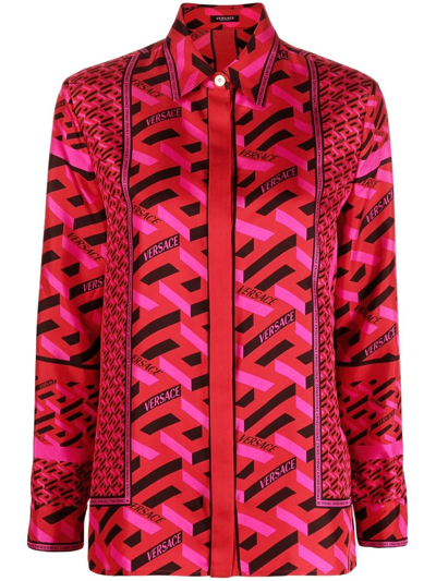Versace La Greca Monogram Silk Button-up Blouse In Red