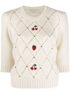 Alessandra Rich Cropped Alpaca Blend Sweater With Rhinestones In White