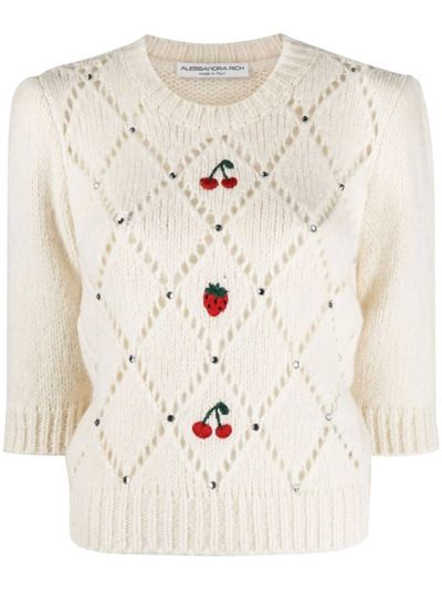 Alessandra Rich White Fruit Embroidered Short Sleeve Wool Sweater In Ivory