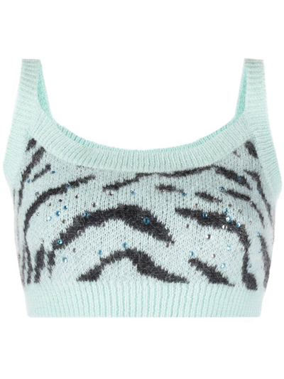 Alessandra Rich Cropped Embellished Zebra-jacquard Mohair-blend Top In Blue
