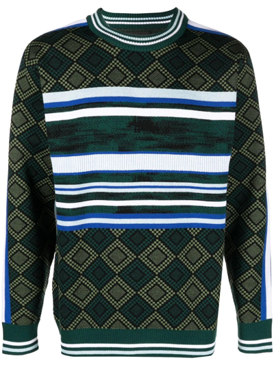 Ahluwalia Lola Diamond And Stripe-jacquard Merino Sweater In Green