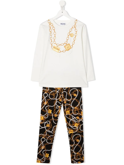 Moschino Teen White Necklace Print T-shirt And Leggings Set