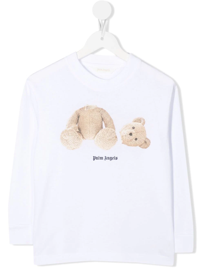 Palm Angels Kids' Bear-print Long-sleeved T-shirt In White