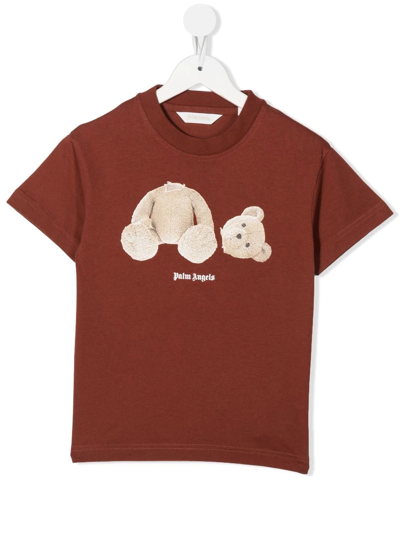 Palm Angels Kids' Bear-print Cotton T-shirt In Brown