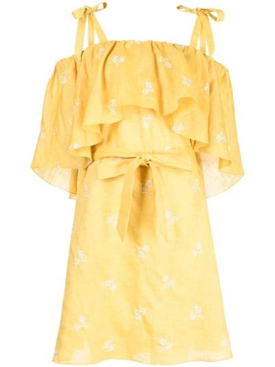 Erdem Vacation Lyra Off-shoulder Linen Dress In Yellow