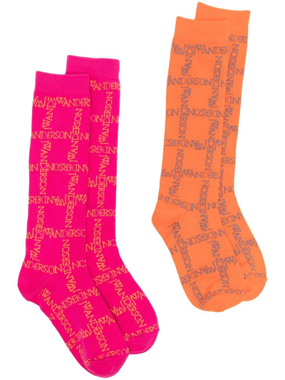 Jw Anderson Two-pack Logo Pattern Socks In Pink