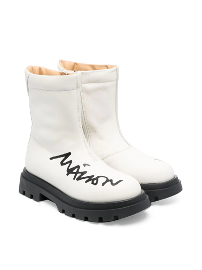 Mm6 Maison Margiela Kids' Logo-print Shearling-trim Boots In White