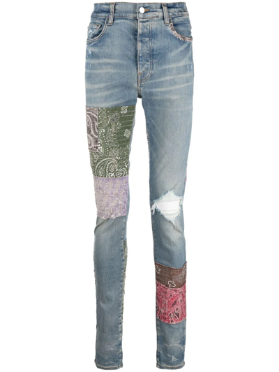 Amiri Blue Bandana Art Distressed Skinny Jeans