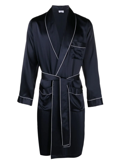 Zimmerli Piped-trim Belted Silk Robe In Blue
