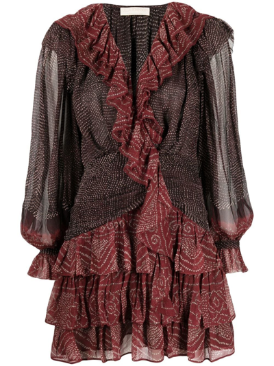 Ulla Johnson Sara Puff-sleeve Ruffle Silk Mini Dress In Bordeaux