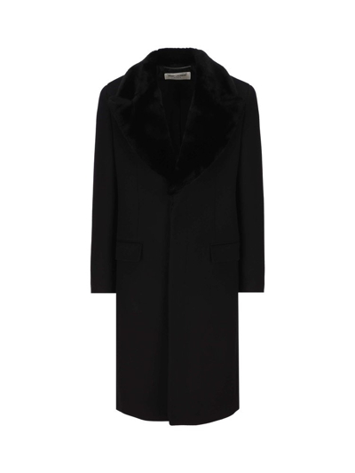 Saint Laurent Long-line Single-breasted Coat In Noir Brillant