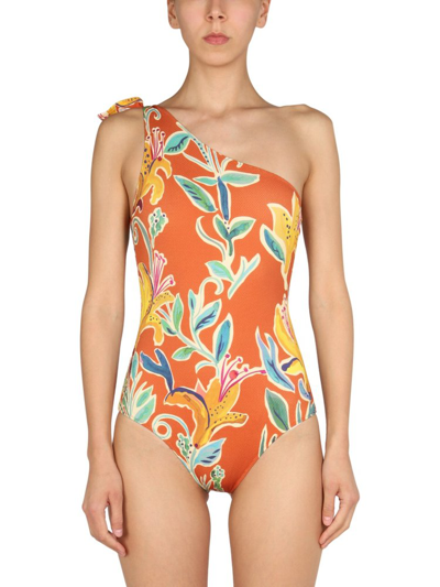 La Doublej Floral Print One-shoulder Swimsuit In Multicolor