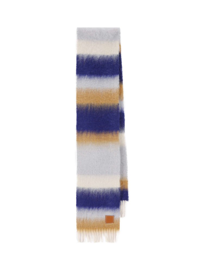 Loewe Anagram Logo Patch Striped Mohair Wool Blend Scarf In Blue