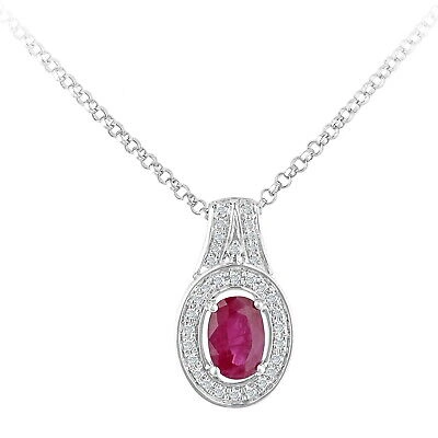Pre-owned Jewelco London 18ct White Gold Diamond Oval 0.55ct Ruby Cluster Necklace 16"