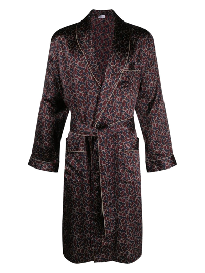 Zimmerli Leaf-print Belted Silk Dressing Gown In Blue