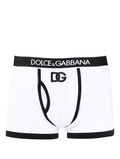 Dolce & Gabbana Fine-rib Cotton Boxers With Dg Patch In White/black