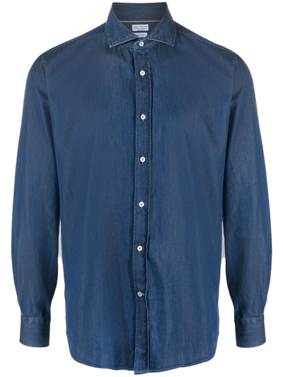 Brunello Cucinelli Long-sleeved Cotton Shirt In Blue