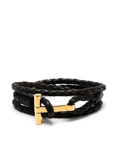 Tom Ford Leather T-plate Woven Bracelet With Braided Pattern In Brown