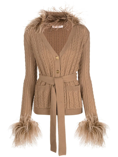Valentino Belted Feather-trimmed Cable-knit Wool Cardigan In Beige
