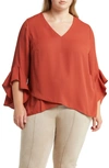 Vince Camuto Flutter Sleeve Crossover Georgette Tunic Top In Orange