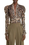 Proenza Schouler Plunging Leopard-print Puff-sleeve Crepe De Chine Top In Brown Multi