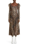 PROENZA SCHOULER LEOPARD PRINT RUCHED LONG SLEEVE CRÊPE DE CHINE MIDI DRESS