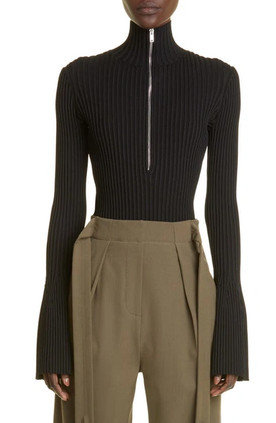 Proenza Schouler Zip Mock Neck Rib Sweater In Black