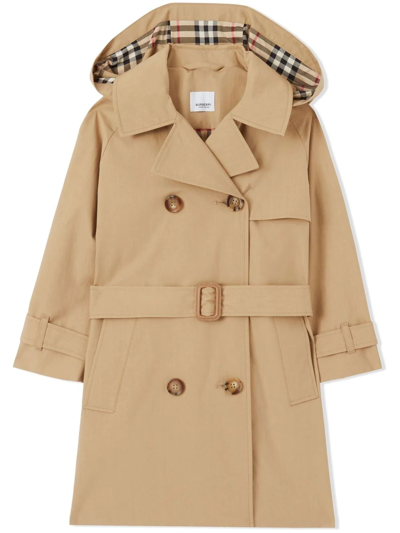 Burberry Pleat Detail Hooded Trench Coat In Neutrals