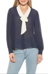 Alexia Admor Serena Long Sleeve Tie Neck Blouse In Navy/ Ivory