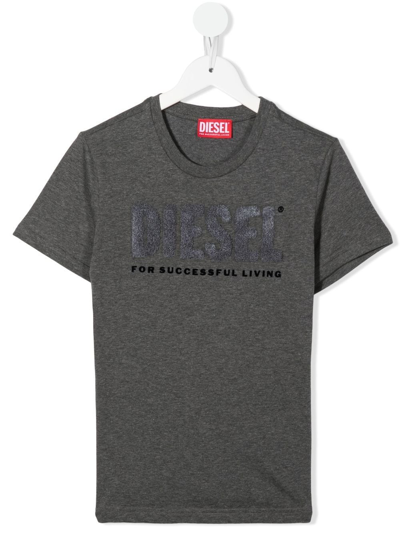 Diesel Kids' Logo-print Crew-neck T-shirt In Grey