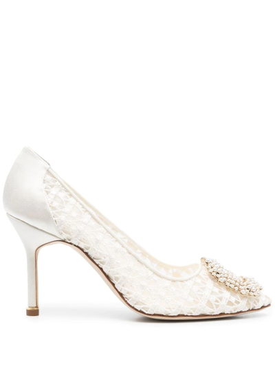 Manolo Blahnik White Hangisi 105 Pearl Lace Pumps In Neutrals