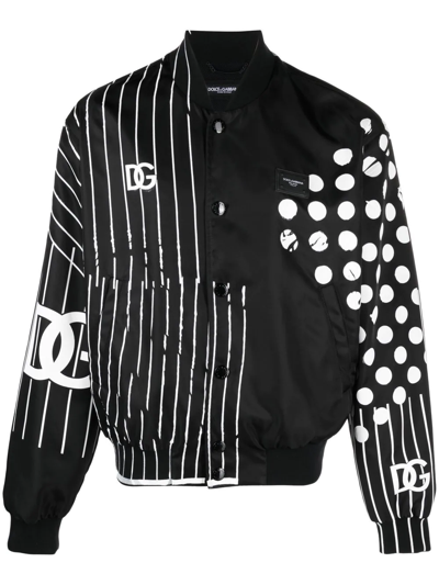 Dolce & Gabbana Polka Dot And Stripe Print Nylon Bomber Jacket In Black