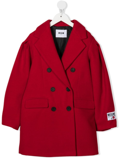 Msgm Kids' Logo-patch Double-breasted Peacoat In Red