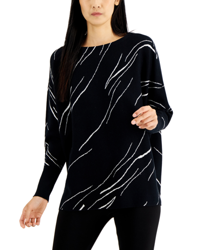 Alfani Printed Asymmetrical Swing Knit Top, Created For Macy's In Black