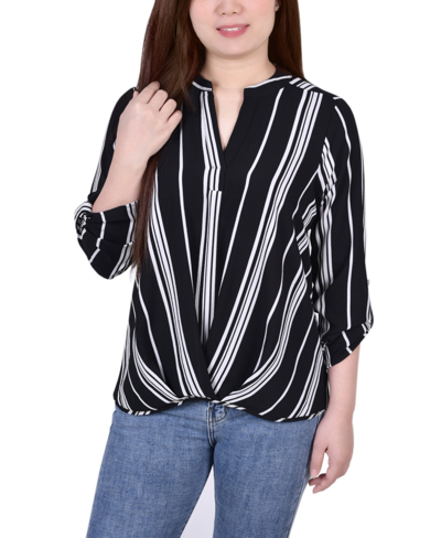 Ny Collection Petite Size 3/4 Push Tab Mandarin Collar Blouse With Front Pleats In Black White Stripe