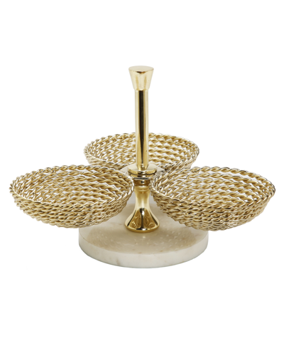 Classic Touch Triple Bowl Relish Dish Rope Design And Marble Base In Gold-tone