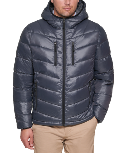 Club Room Men's Chevron Quilted Hooded Puffer Jacket, Created For Macy's In Charcoal