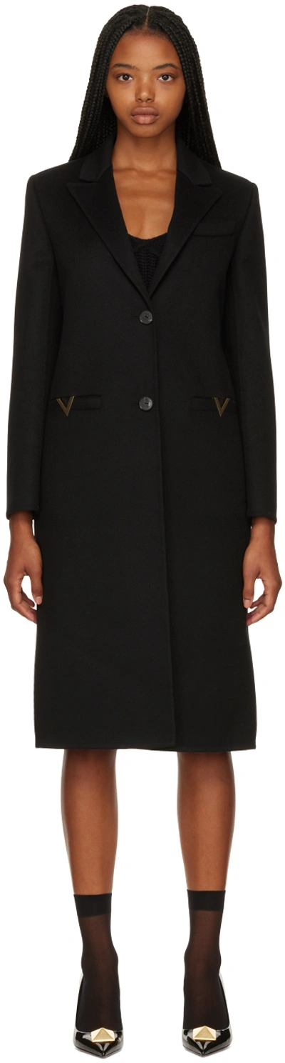 Valentino Logo-appliqué Single-breasted Wool-blend Coat In Black