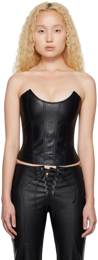 Miaou Leia Cropped Faux Leather Corset Top In Black Vegan Leather