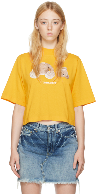 Palm Angels Bear Printed Crewneck T-shirt In Yellow